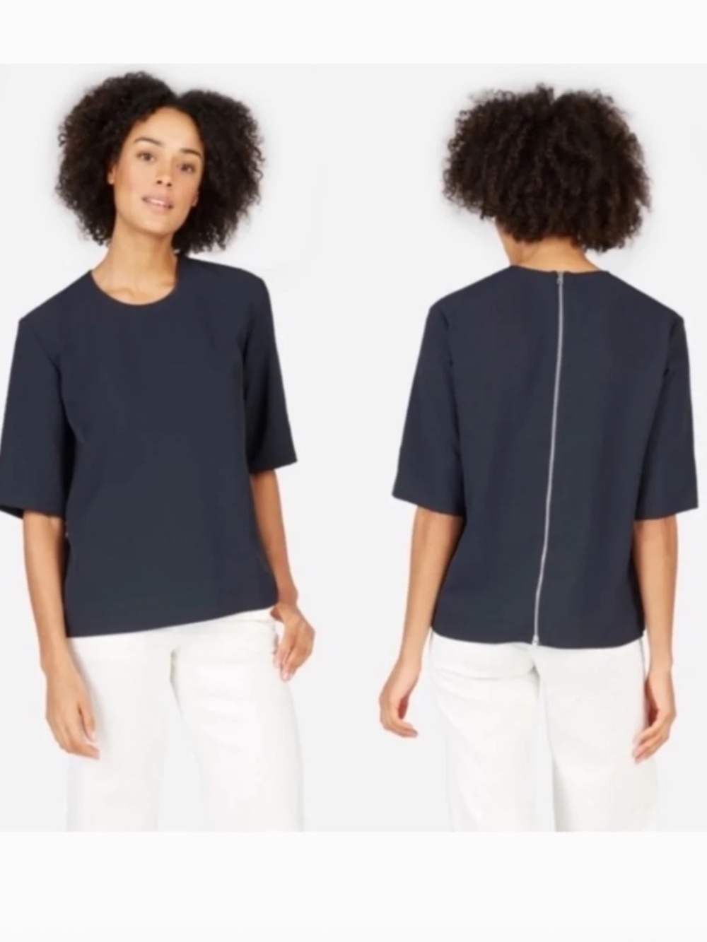 Everlane Back Zip Top Sz 4 Japanese Go Weave Minimalist Modern Boxy Fit Navy